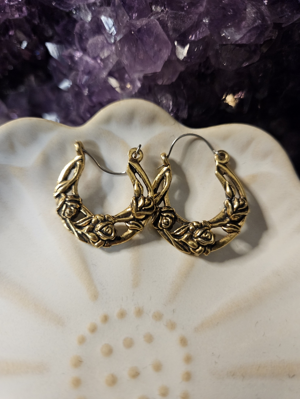 Vintage Gold-tone Rosette Hoop Earrings